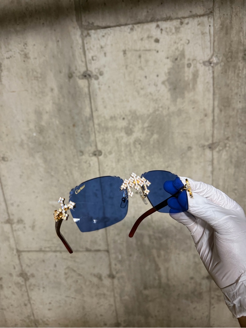 Cartier Blue Rimless Sunglasses with Gold Crystal Accents
